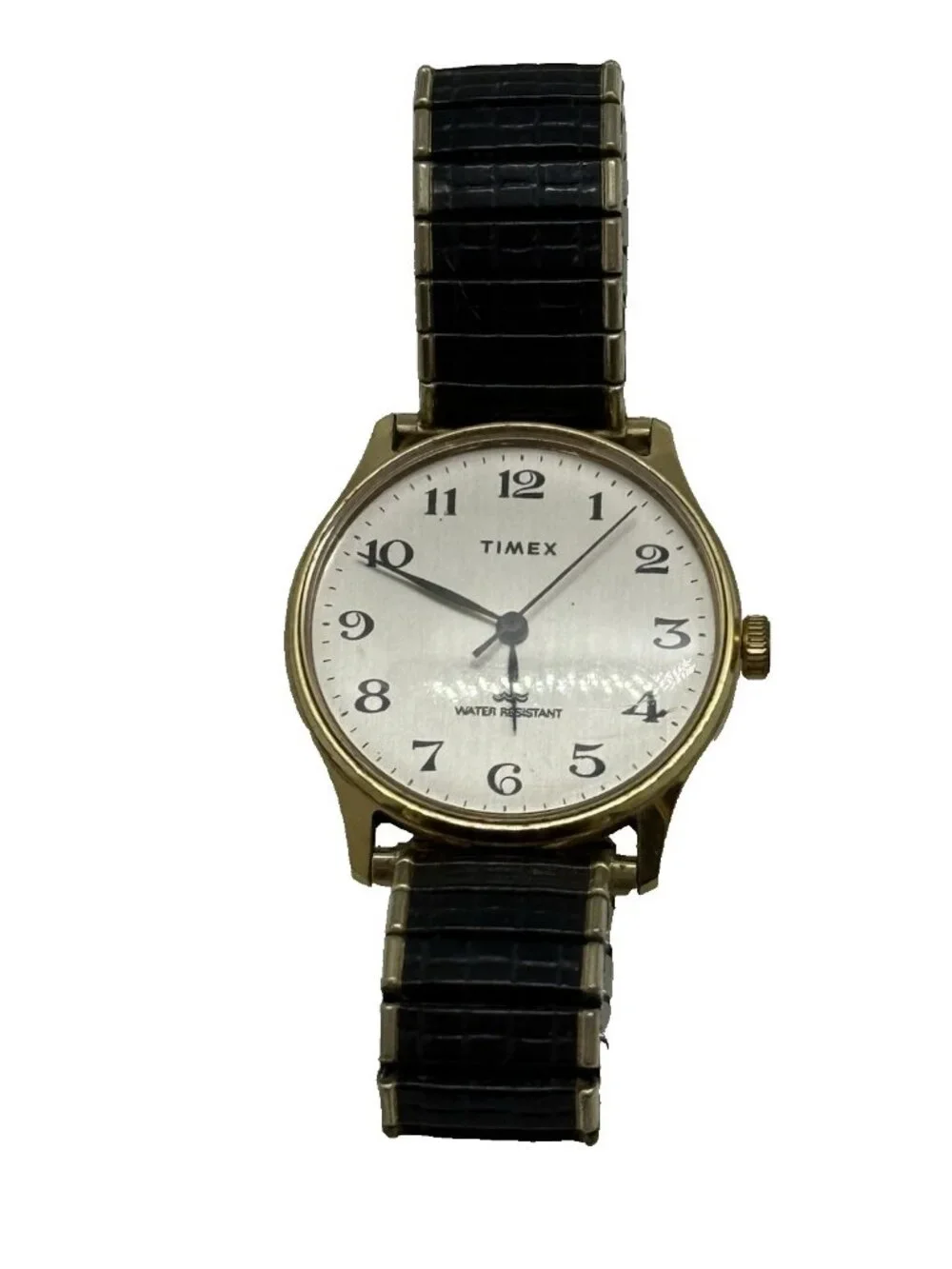 Vtg Timex Men's Two Tone Watch White Face Black Gold Stretch Spiedel Bracelet